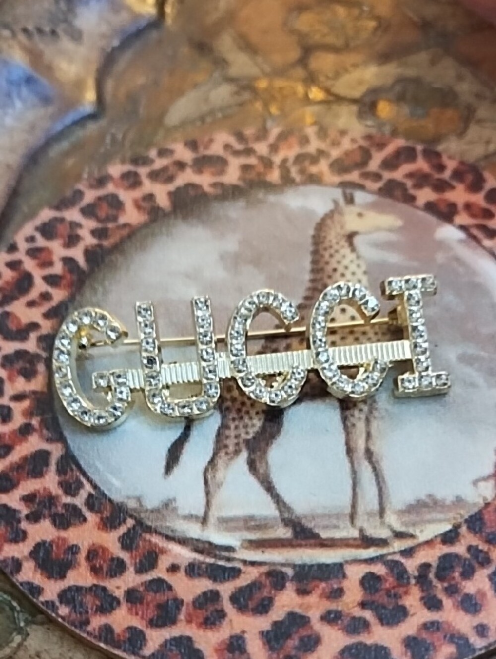 Gold Tone Script Logo Pin Brooch Double G